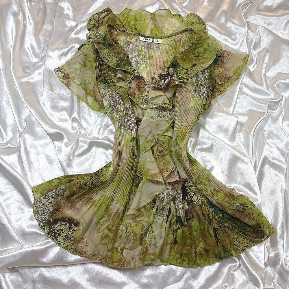 y2k Blouse Green Excellent Cato Ruffle Paisley Pleated Sleeveless Top XL